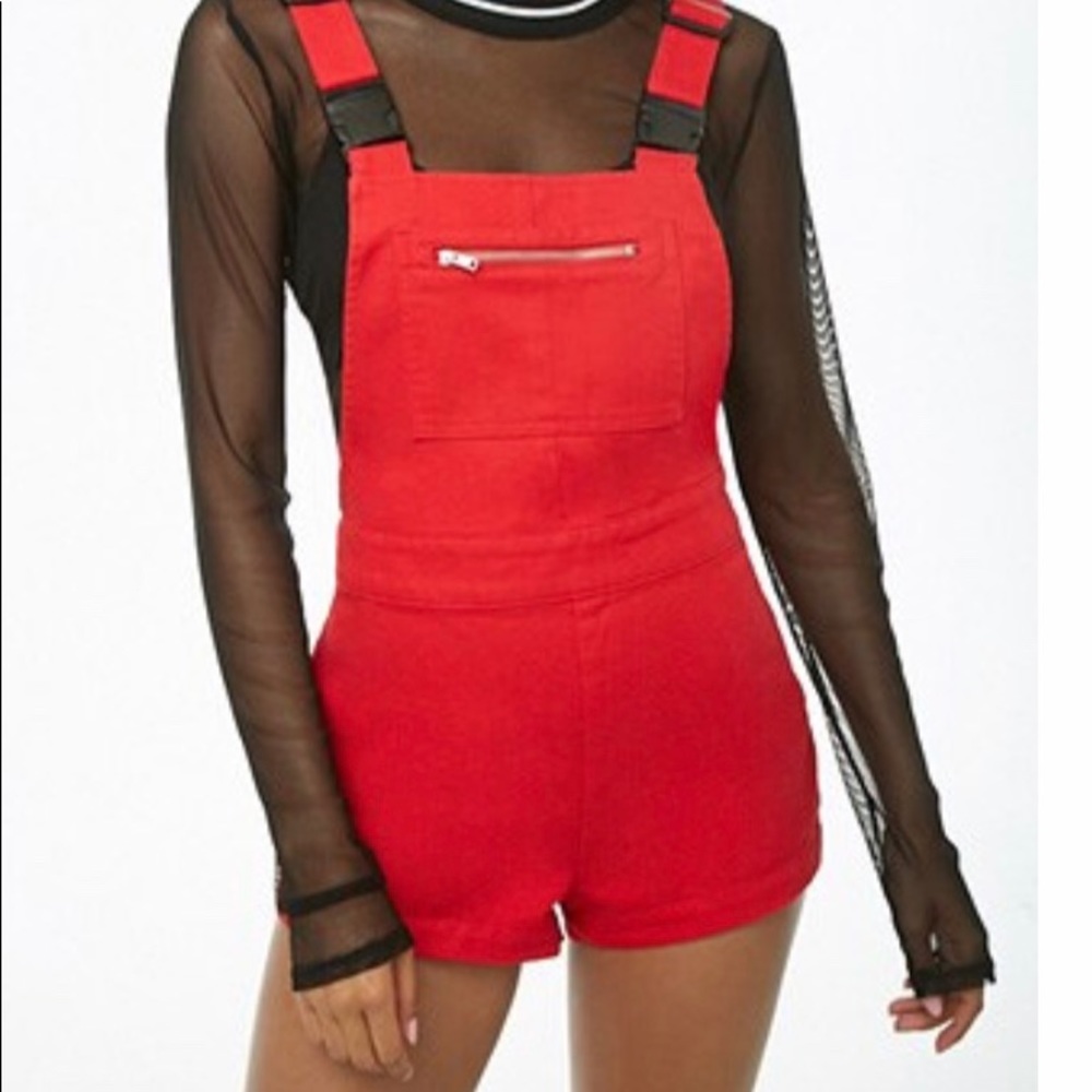 Red denim overalls